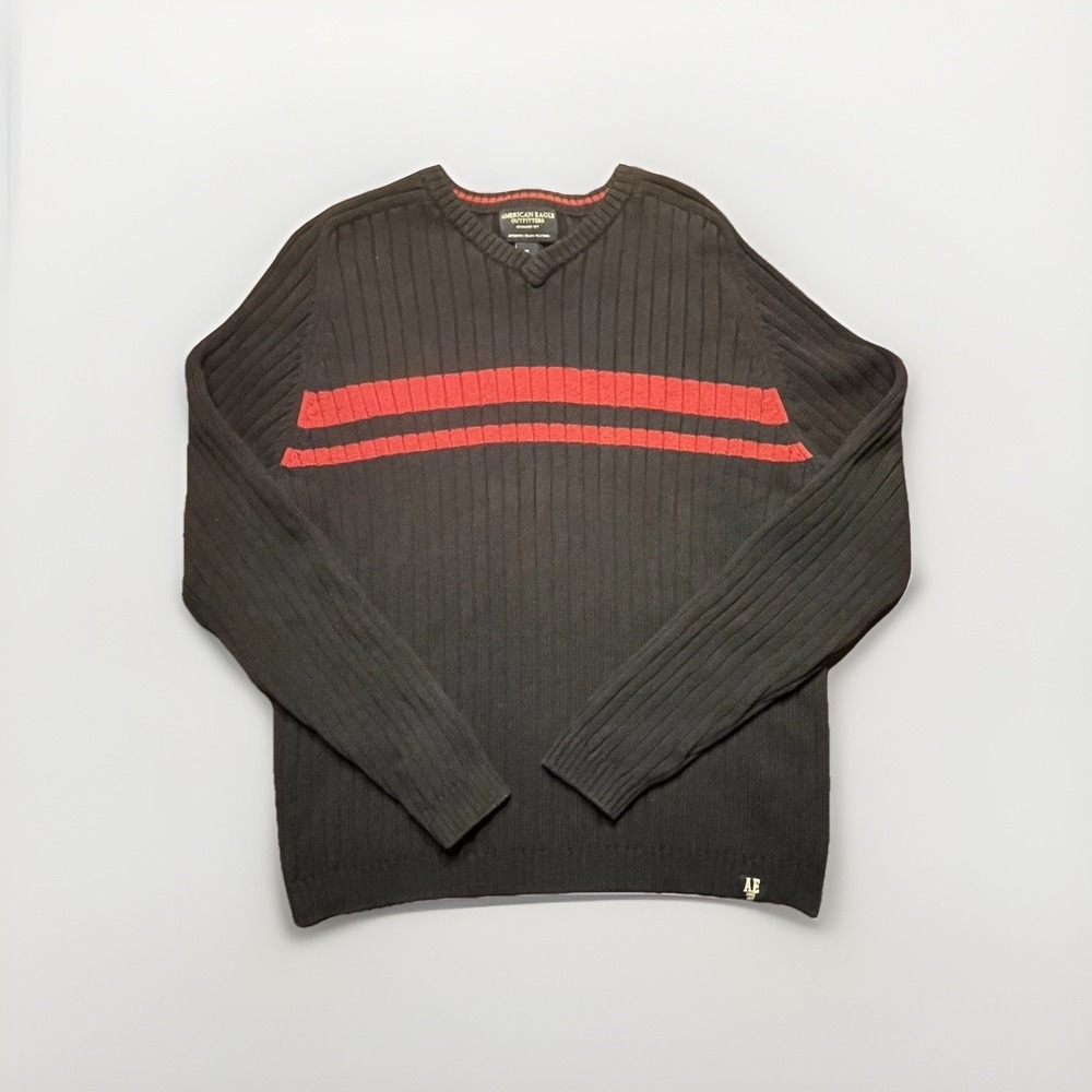 Vintage American Eagle Ribbed V-Neck Sweater Mens XL Blue Red Stripe Cotton Wool